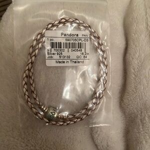 Pandora Sterling Silver and Champagne Double Braided Leather Bracelet